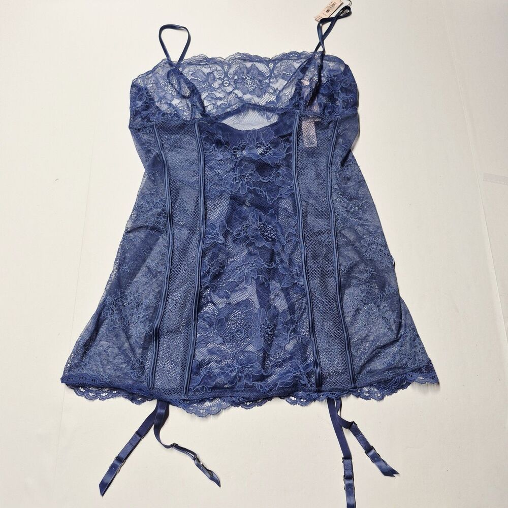 NWT Victoria's Secret Navy Blue Lace Corset Garter Slip Size XL Bustier Chemise